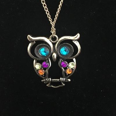 Long chain necklace with colorful owl pendant