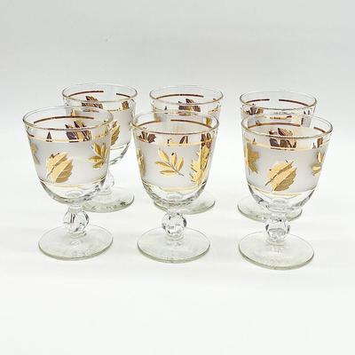 LIBBEY ~ Golden Foliage ~ Six (6) MCM Golden Leaf Frosted Water Goblets