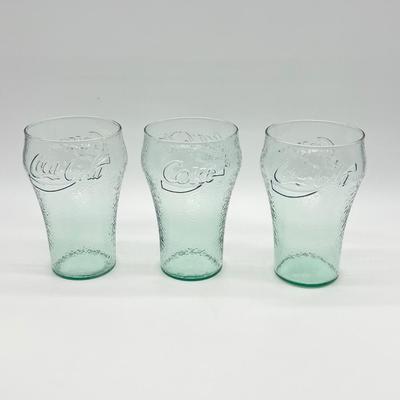 COCA-COLA ~ Green Pebbled Glass Lip Pitcher & Three (3) XL Pebbled Glasses