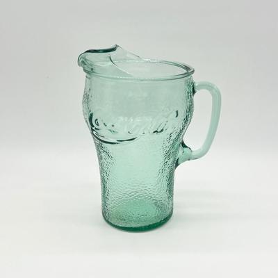 COCA-COLA ~ Green Pebbled Glass Lip Pitcher & Three (3) XL Pebbled Glasses