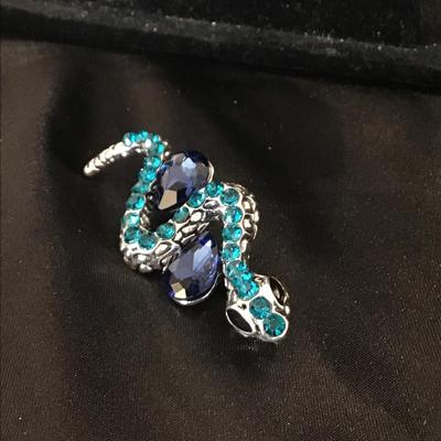 Silver tone blue rhinestone snake pin