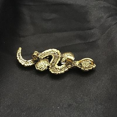 Gold tone green rhinestone snake pin