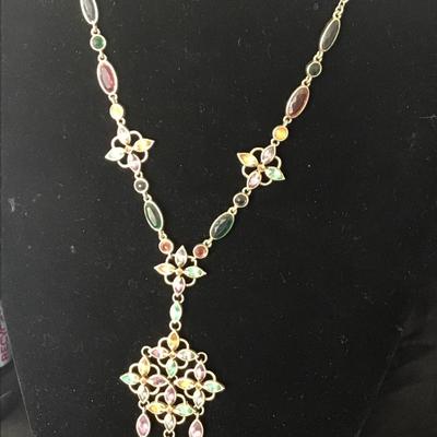 Carolina Herrara Gold Tone Colorful Rhinestones Drop Necklace Good condition