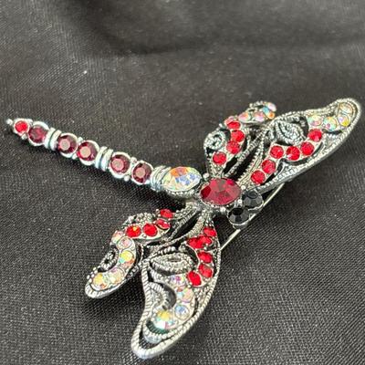 Red rhinestone silver tone dragon fly pin
