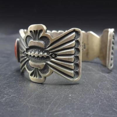 Rare vintage sighned sterling silver red coral native bracelet