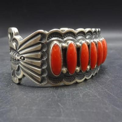 Rare vintage sighned sterling silver red coral native bracelet