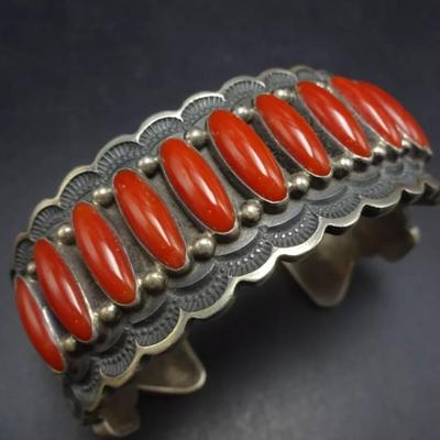 Rare vintage sighned sterling silver red coral native bracelet