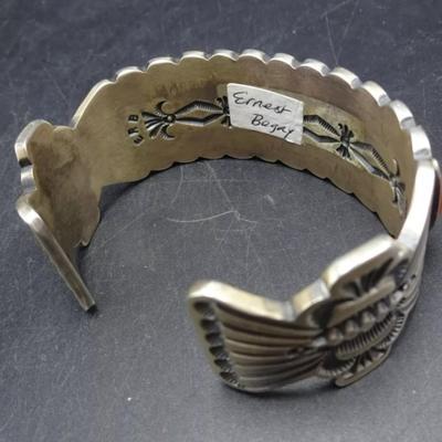 Rare vintage sighned sterling silver red coral native bracelet