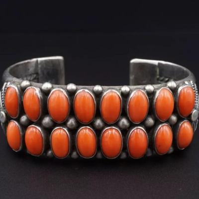 Sighned vintage sterling silver red coral bracelet