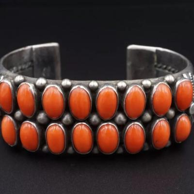 Sighned vintage sterling silver red coral bracelet