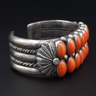 Sighned vintage sterling silver red coral bracelet