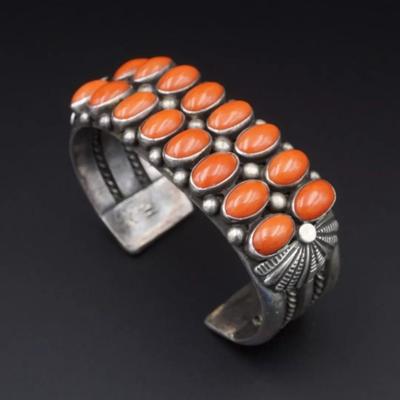 Sighned vintage sterling silver red coral bracelet