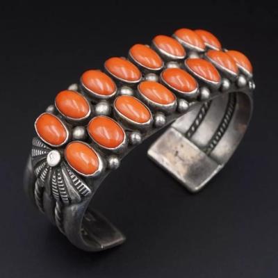Sighned vintage sterling silver red coral bracelet