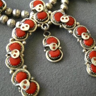 Sterling silver Red coral squash blossom native necklace reserve set
