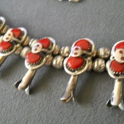 Sterling silver Red coral squash blossom native necklace reserve set