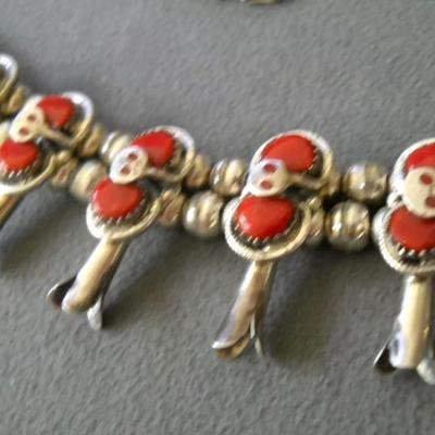 Sterling silver Red coral squash blossom native necklace reserve set