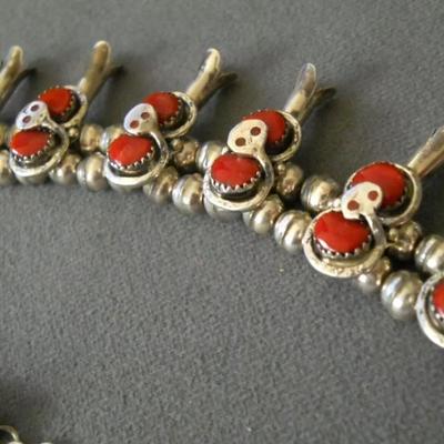 Sterling silver Red coral squash blossom native necklace reserve set