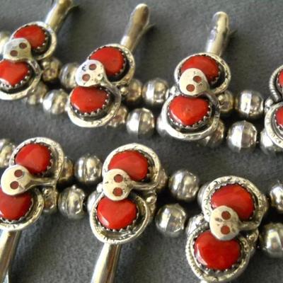 Sterling silver Red coral squash blossom native necklace reserve set