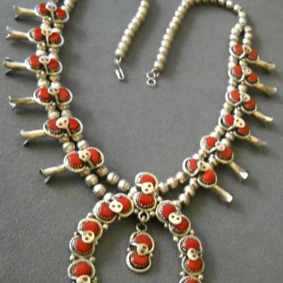 Sterling silver Red coral squash blossom native necklace reserve set