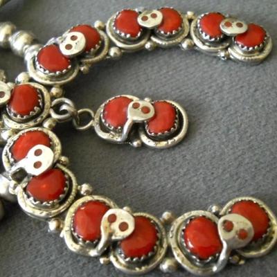 Sterling silver Red coral squash blossom native necklace reserve set