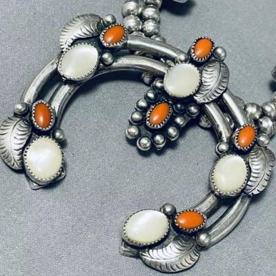 Sterling silver Red coral mother of pearl squash blossom necklace Reserve set
