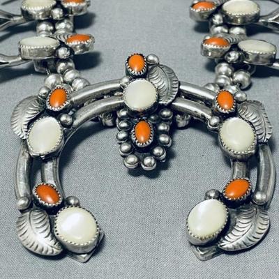 Sterling silver Red coral mother of pearl squash blossom necklace Reserve set
