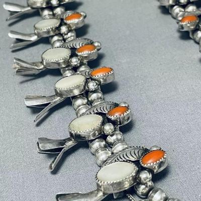 Sterling silver Red coral mother of pearl squash blossom necklace Reserve set