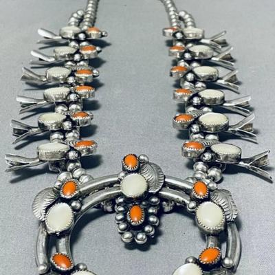 Sterling silver Red coral mother of pearl squash blossom necklace Reserve set