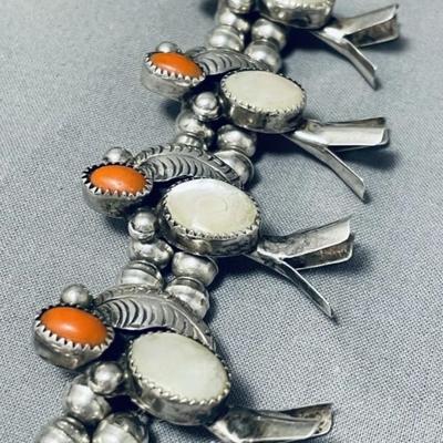 Sterling silver Red coral mother of pearl squash blossom necklace Reserve set