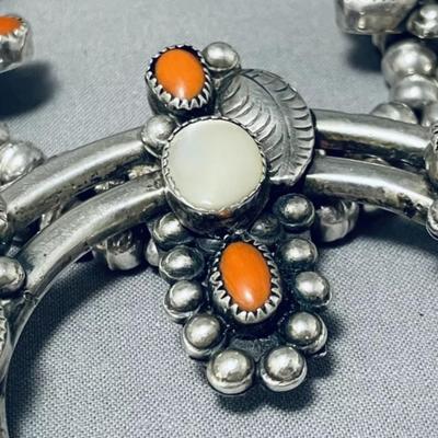 Sterling silver Red coral mother of pearl squash blossom necklace Reserve set