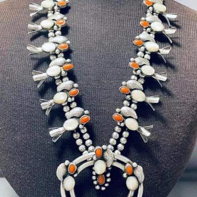 Sterling silver Red coral mother of pearl squash blossom necklace Reserve set