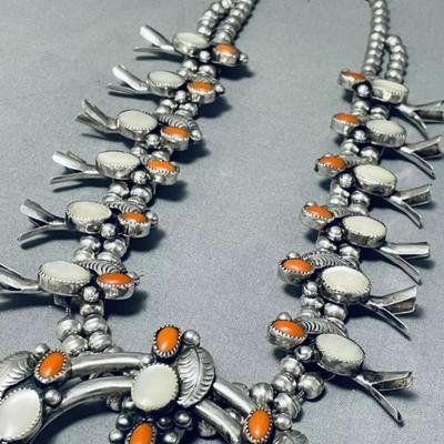Sterling silver Red coral mother of pearl squash blossom necklace Reserve set