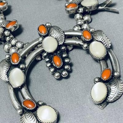 Sterling silver Red coral mother of pearl squash blossom necklace Reserve set