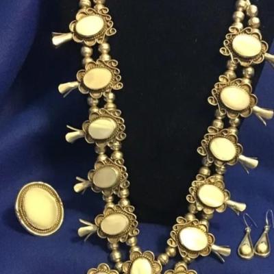 Sterling silver mother of pearl natice necklace ring earrings set Reserve set