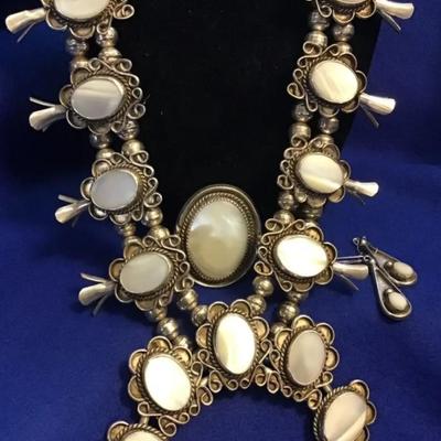 Sterling silver mother of pearl natice necklace ring earrings set Reserve set