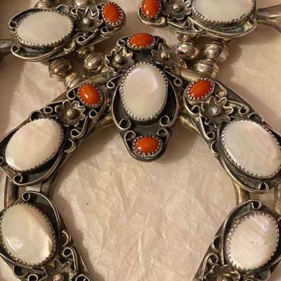 Sterling silver mother of pearl red coral beautifully native squash blossom necklace and earing set Reserve set