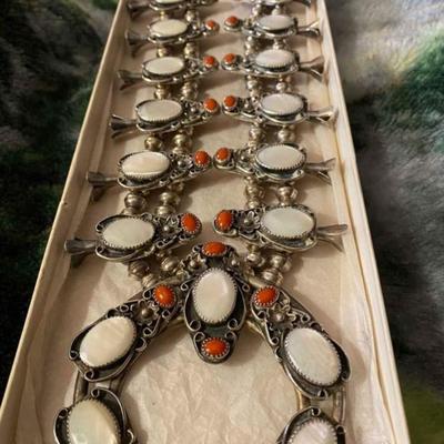 Sterling silver mother of pearl red coral beautifully native squash blossom necklace and earing set Reserve set