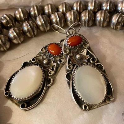 Sterling silver mother of pearl red coral beautifully native squash blossom necklace and earing set Reserve set