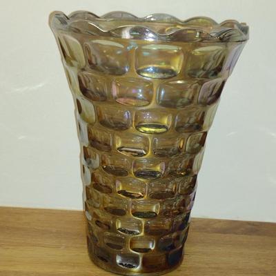 Vintage Federal Glass Yorktown Smokey Gray Iridescent Vase- Approx 8" Tall