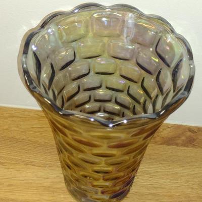 Vintage Federal Glass Yorktown Smokey Gray Iridescent Vase- Approx 8