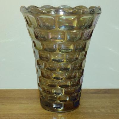 Vintage Federal Glass Yorktown Smokey Gray Iridescent Vase- Approx 8
