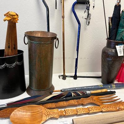 3 metal containers umbrellas, canes, Thais giant wooden spoons