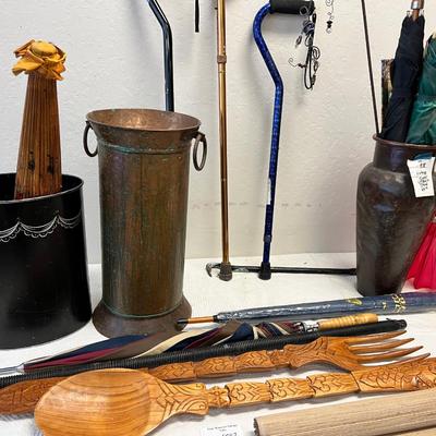 3 metal containers umbrellas, canes, Thais giant wooden spoons