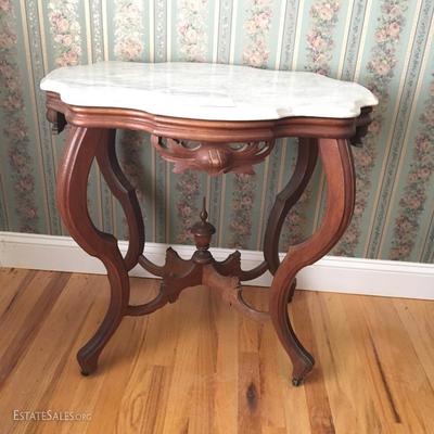 LOT 10 - Pair Marble Top Wood Tables
