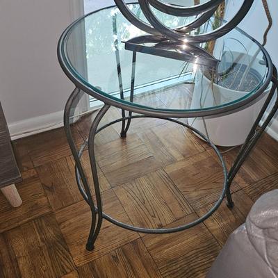 Glass and Wrought Iron Coffee and Side Table