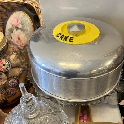 Mid Century Cake trays glass pedestals Aluminum covers,