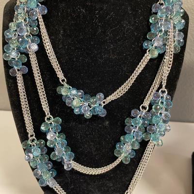 Long silver chain with blue/green beads & glass pendant