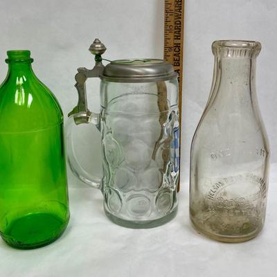 Glass bottles and stein green glass clear glass 1 qt Nelson bricks Creamery Bottle