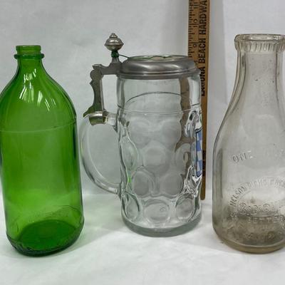 Glass bottles and stein green glass clear glass 1 qt Nelson bricks Creamery Bottle