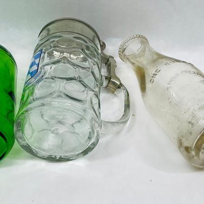 Glass bottles and stein green glass clear glass 1 qt Nelson bricks Creamery Bottle
